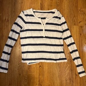 Aerie, Blue & White Striped, Quarter Button, Long Sleeve Shirt, Size Small